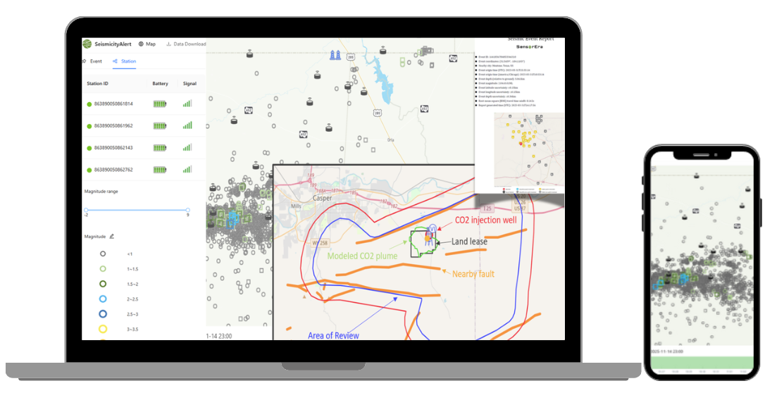 Our SeismicityAlert® web portal and alert system shows your sensor network information, monitoring results and contains all the relevant data and reports for download. Publicly available monitoring stations in your area of interest can also be included.