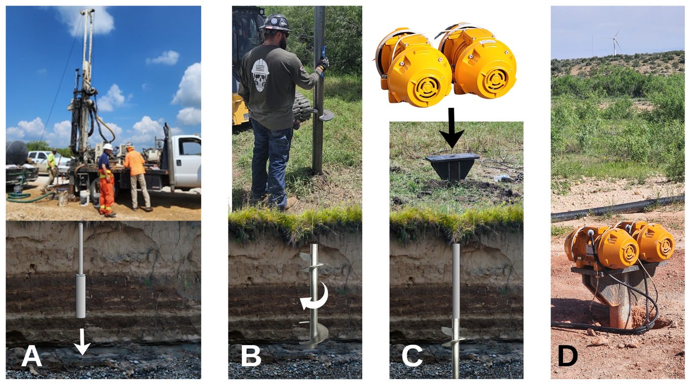 SLV installation in Midland Basin, Texas, from left to right: A) Pre-installation geotechnical survey B) Anchor installed to required depth C) SLV installed on anchor; D) Source is tuned by the operator before leaving site for unmanned nightly or weekly operations